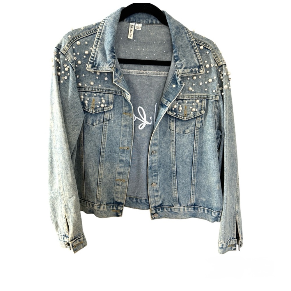 Women's Denim Jacket with Pearl Embellishments
